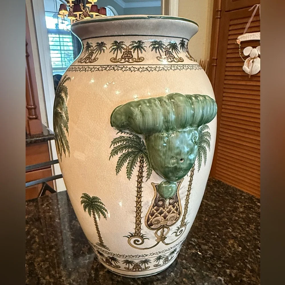 Vintage Palm Beach Chic Ceramic Palm Tree Vase - Large